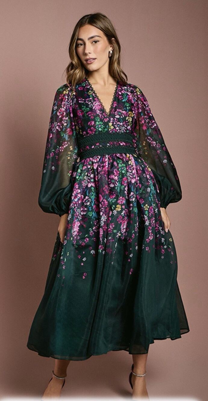 Coast Organza Floral Placement Lace Trim Midaxi Dress Forest Green Size 6